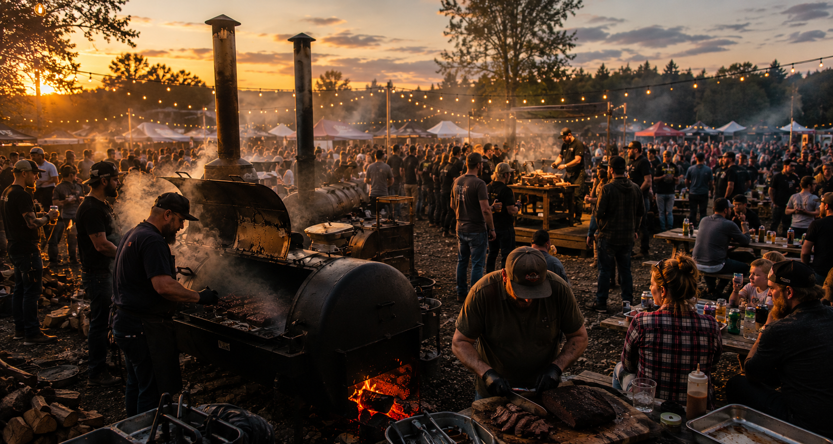 A BBQ gathering around an offset smoker